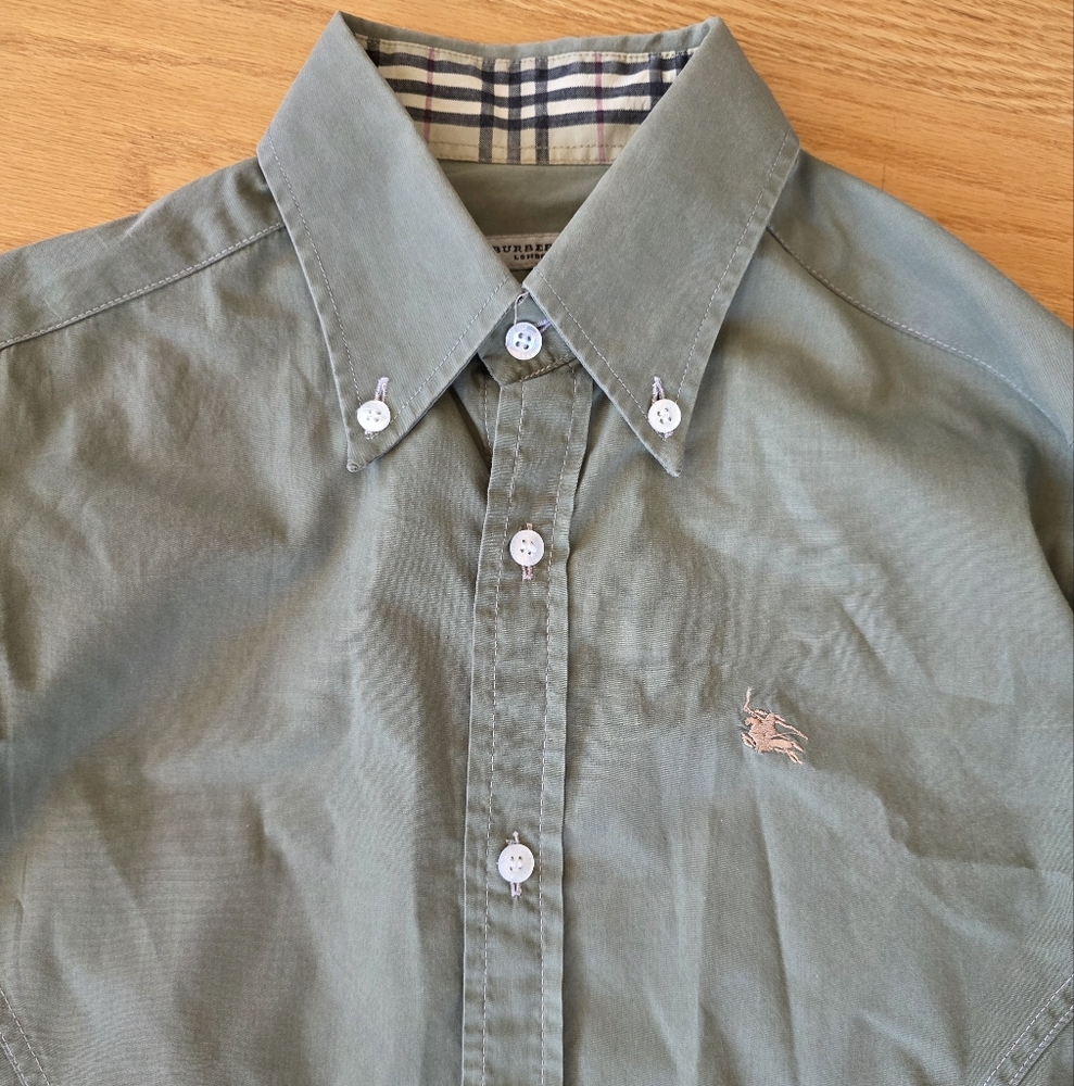 Burberry Army Green Button Down Shirt with Nova Check Trim - Picture 5 of 16
